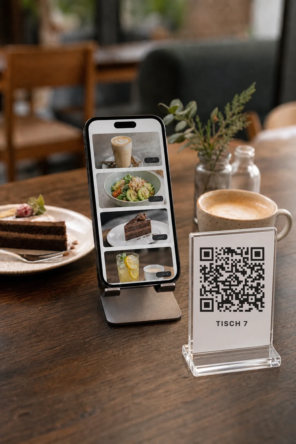 Smartphone mit digitaler Speisekarte neben einem transparenten QR-Aufsteller für Tisch 7