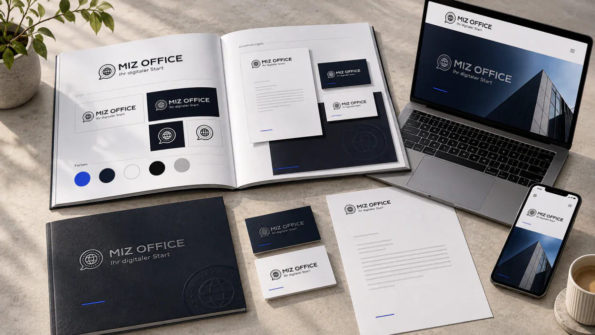 KI-generiertes MIZ OFFICE Markenbeispiel: Katalog, Visitenkarten und Briefpapier neben Website-Ansichten auf Laptop und Smartphone
