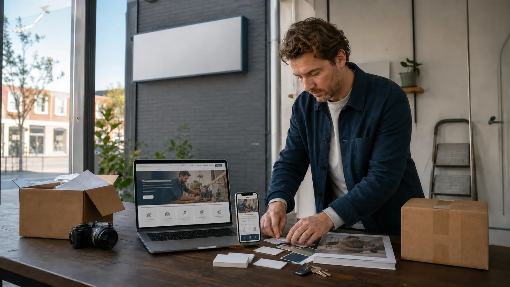 Gründer plant Website, Smartphone-Ansicht und Geschäftsausstattung für einen neuen lokalen Betrieb