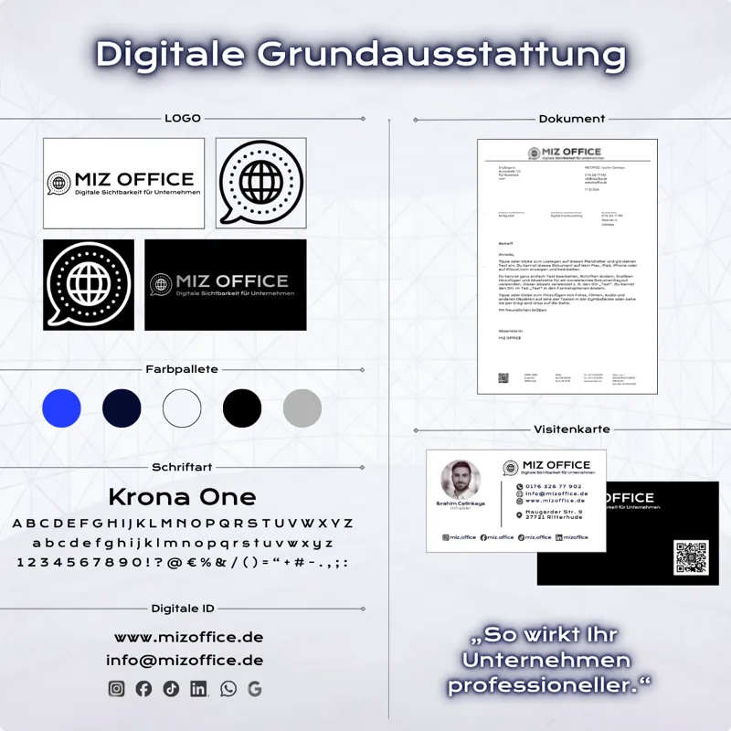 Beispiel einer fertigen Grundausstattung: Logo in vier Fassungen, Farbpalette, Schriftart, Briefbogen und Visitenkarte.