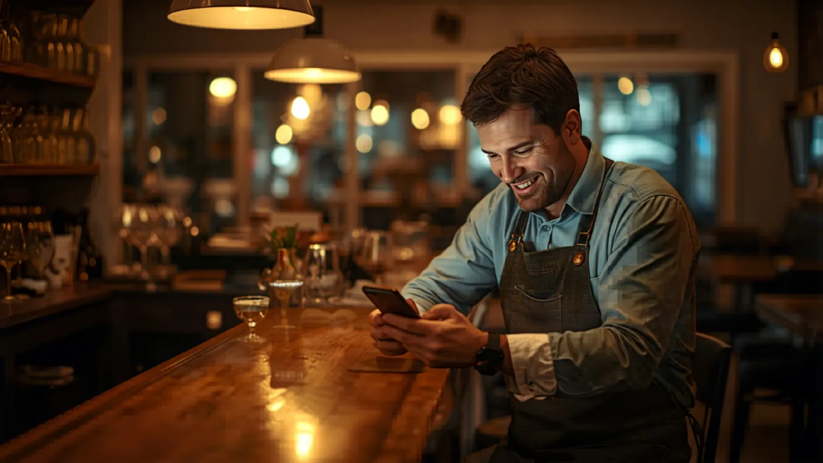 Gastronom liest nach Feierabend stolz eine Fünf-Sterne-Bewertung auf seinem Smartphone