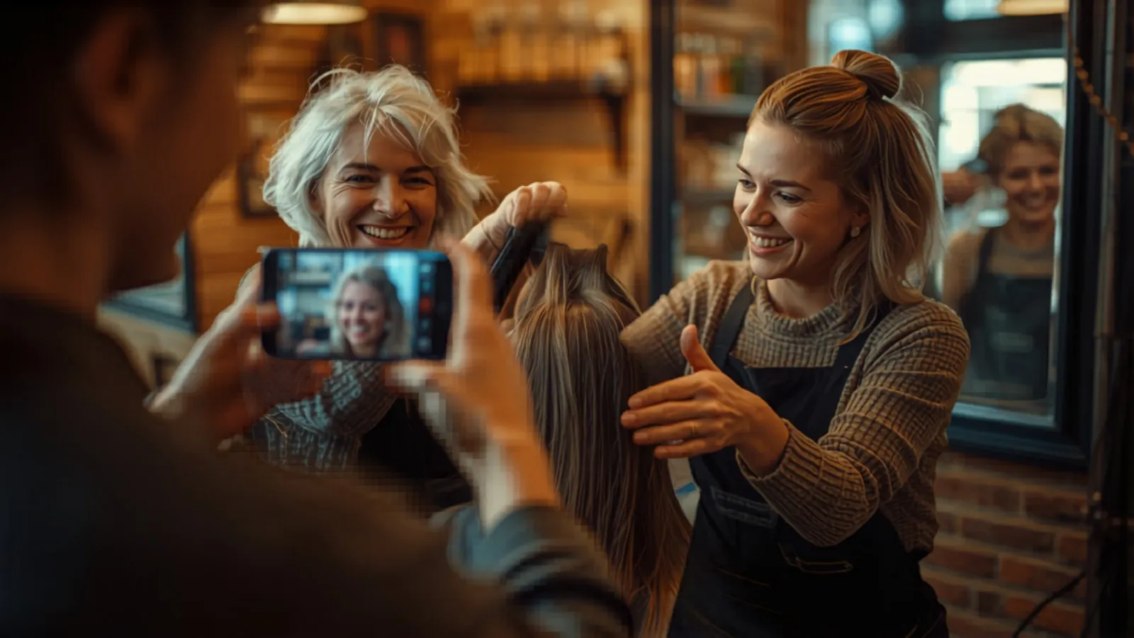 Friseurteam dreht lachend ein kurzes Social-Media-Reel im eigenen Salon