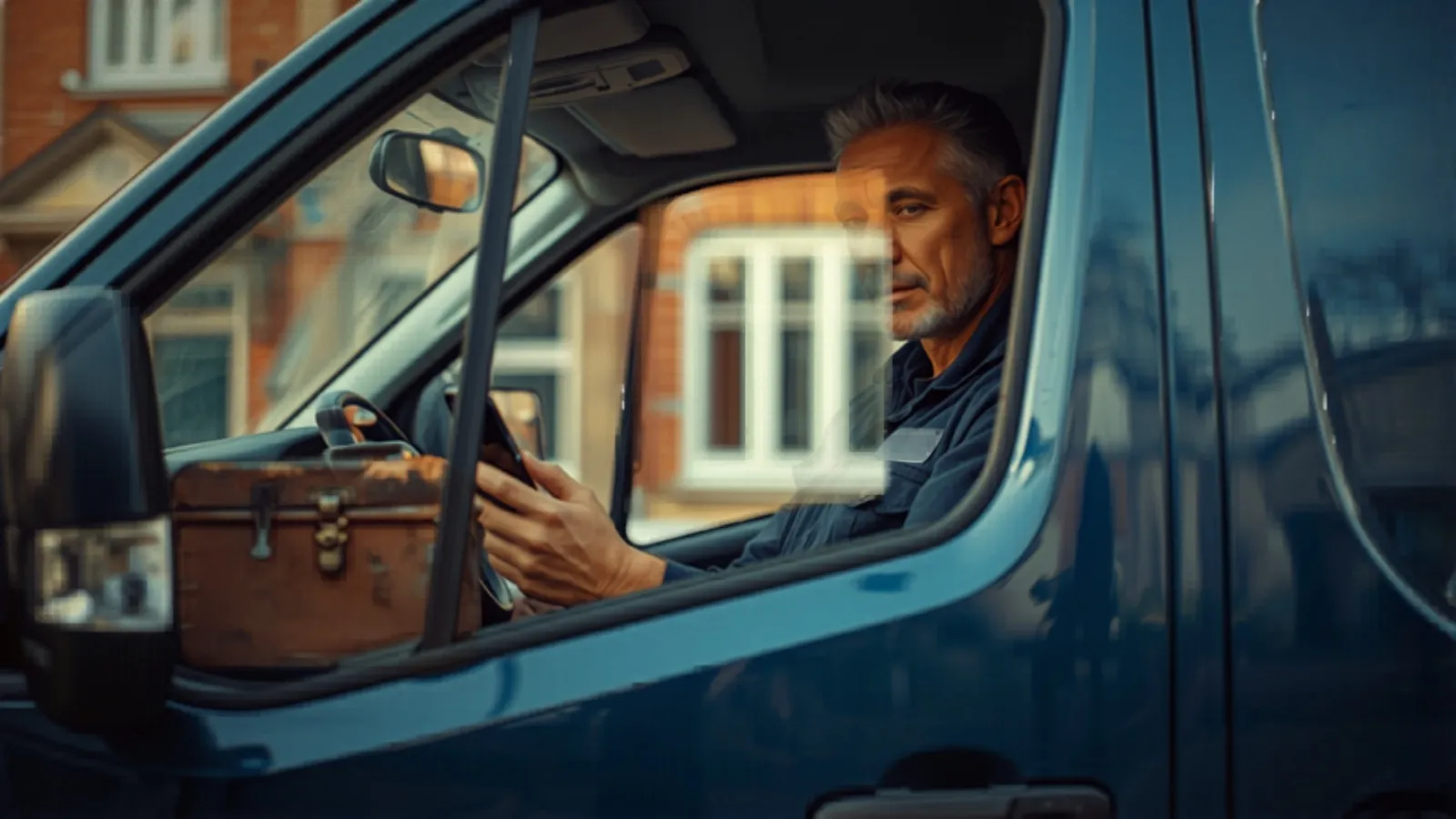 Handwerker im Firmenwagen prüft auf dem Smartphone einen neuen Kundenauftrag aus der Nähe