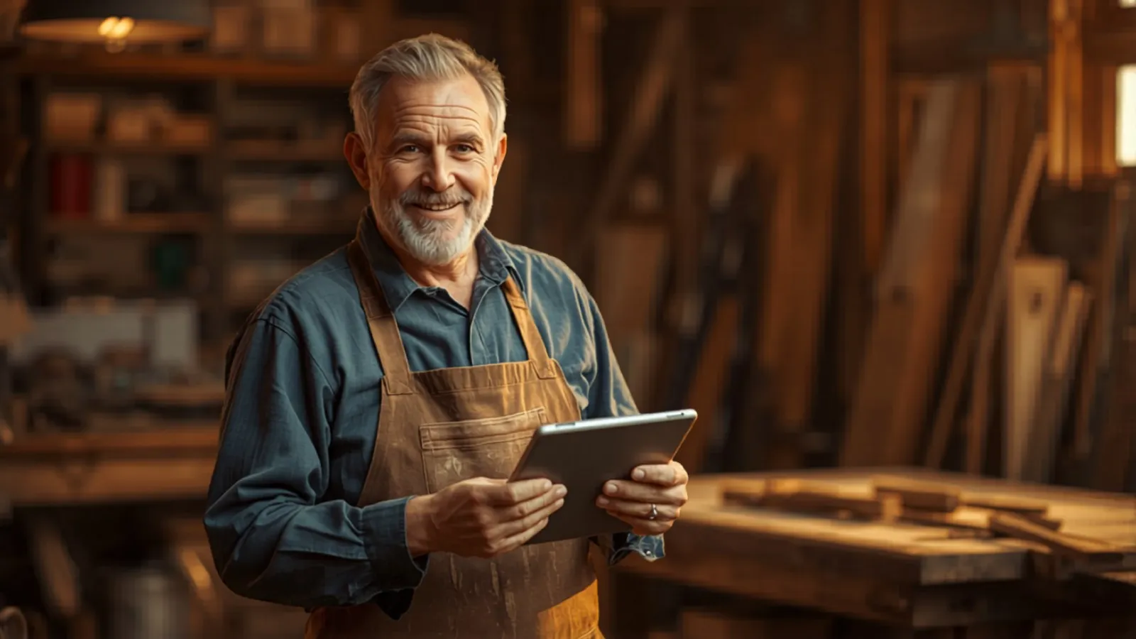 Tischlermeister in seiner Werkstatt schaut zufrieden auf seine neue Website auf dem Tablet