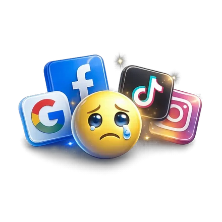Google, Facebook, Instagram und TikTok um ein trauriges Gesicht: überall vertreten, nirgends gefunden