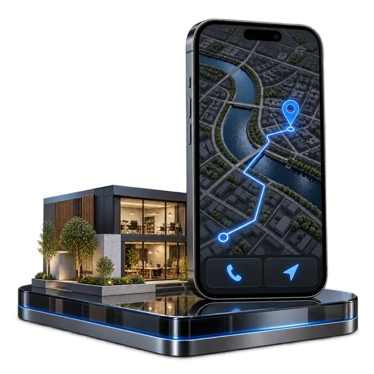 Smartphone mit beispielhaftem Stadtplan, Standort-Pin, Route und Anrufsymbol neben einem Betriebsmodell
