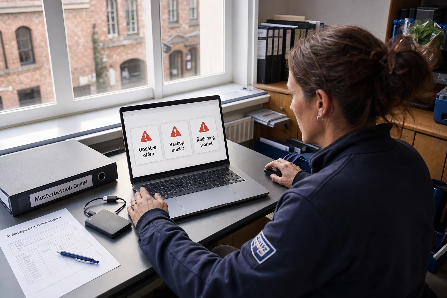 Inhaberin eines Elektrobetriebs prüft offene Updates, Backups und Website-Änderungen