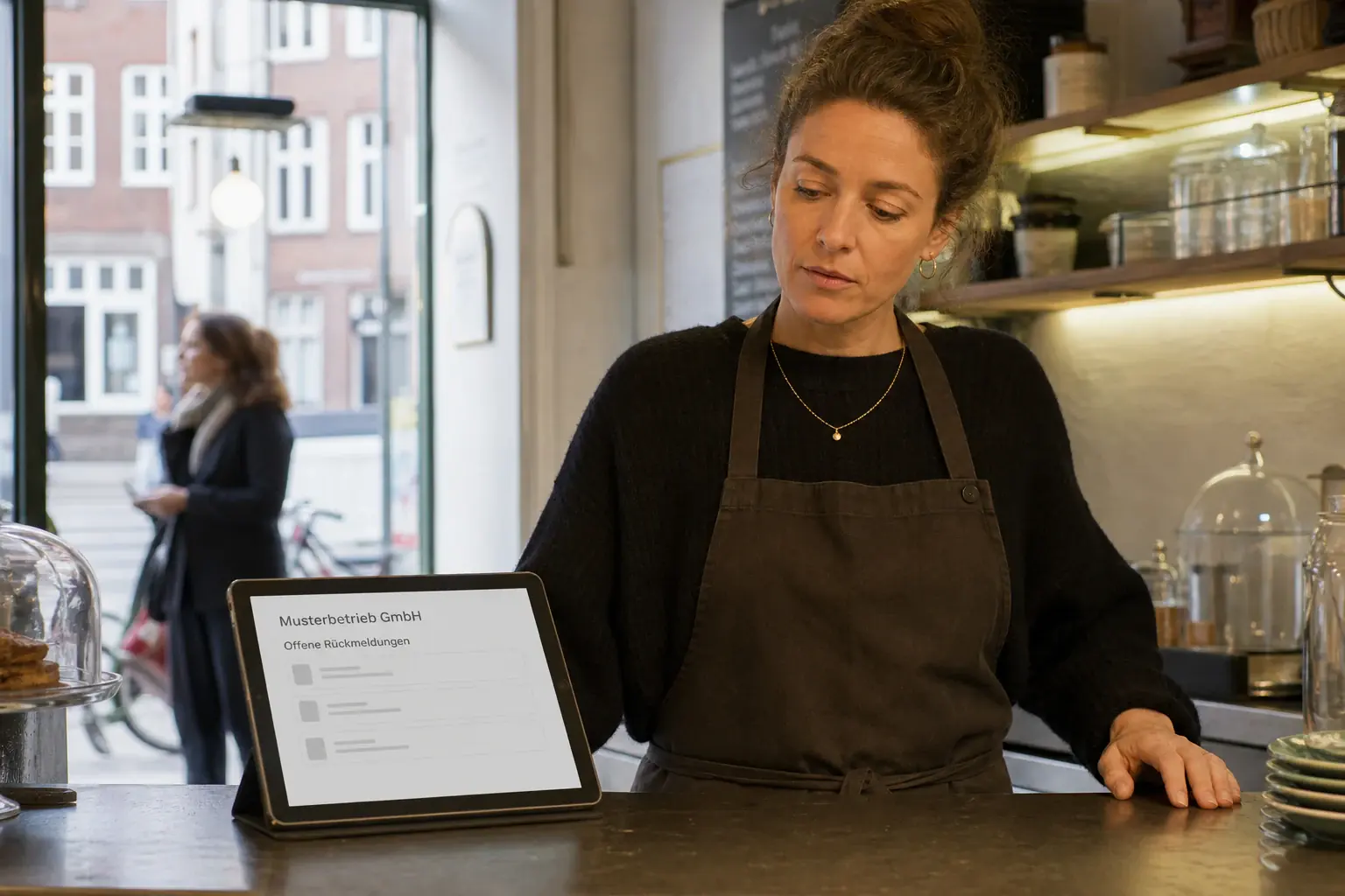Café-Inhaberin sieht unbeantwortete Kundenbewertungen auf einem Tablet
