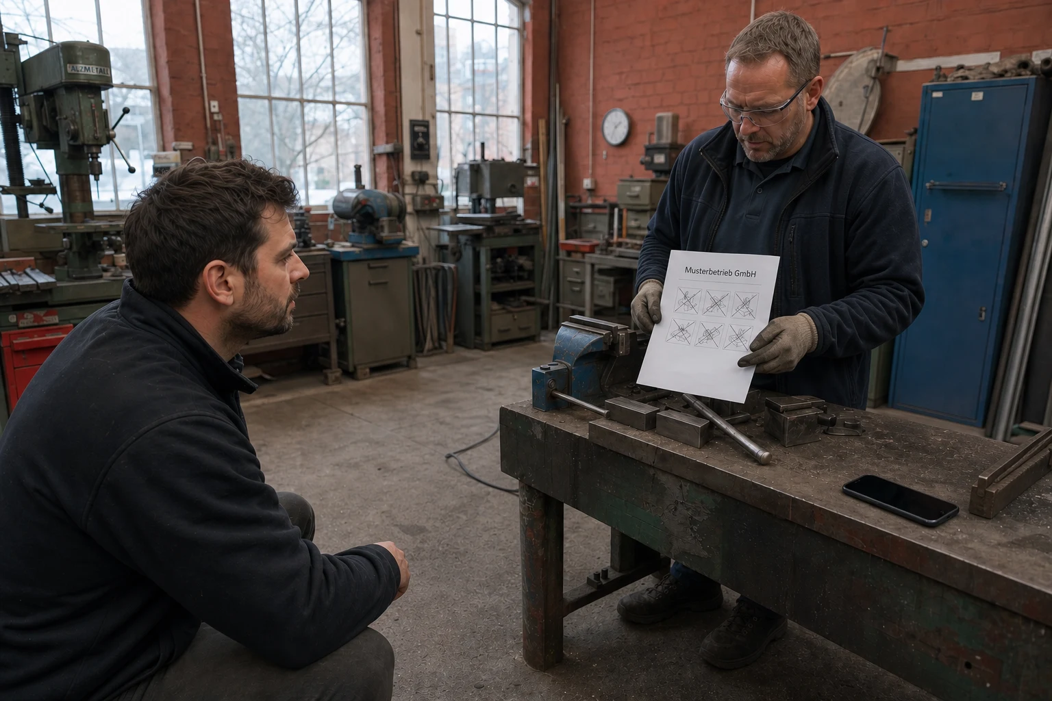 Smartphone liegt ungenutzt in einer Metallwerkstatt ohne klaren Aufnahmeplan