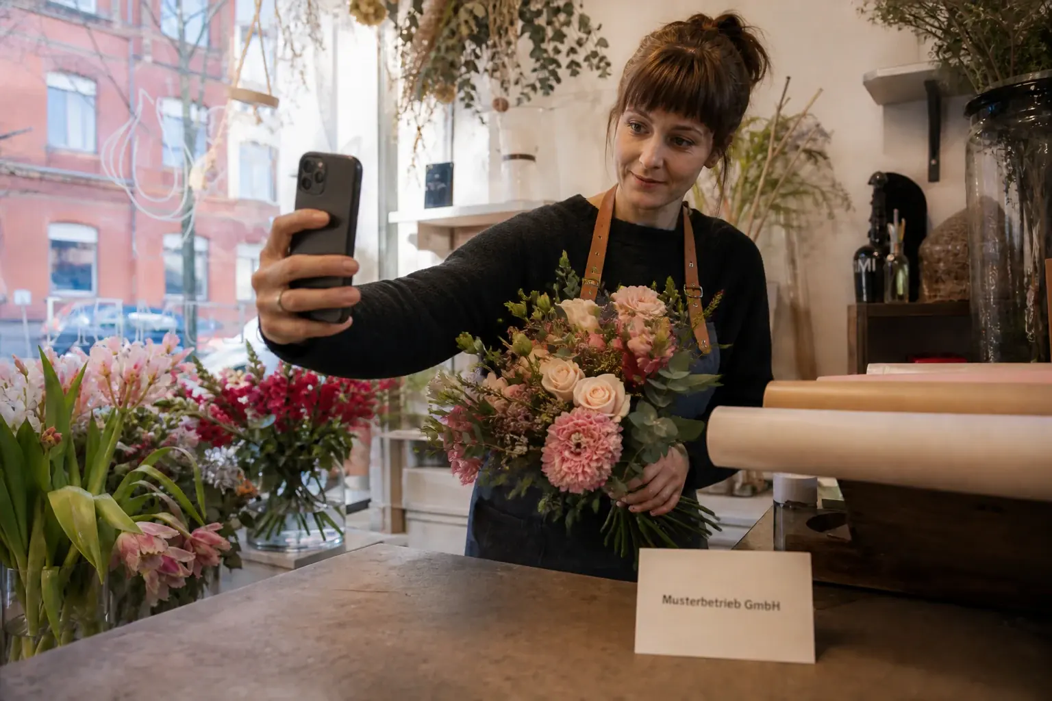Floristin versucht gleichzeitig Blumen zu binden und mit dem Smartphone zu filmen