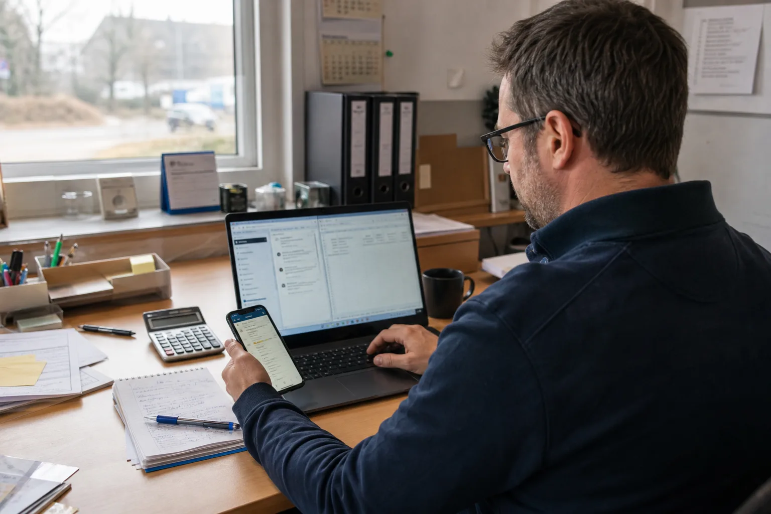 Inhaber eines lokalen Betriebs überträgt eine Kundenanfrage manuell zwischen Smartphone, Laptop und Notizblock