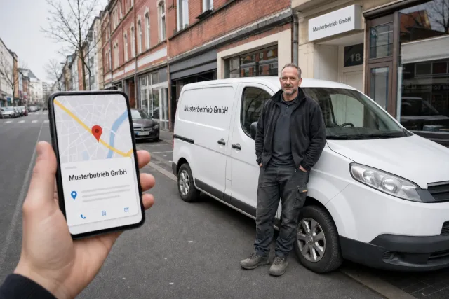 Handwerksbetrieb ist auf Smartphone, Fahrzeug und Standort klar erkennbar