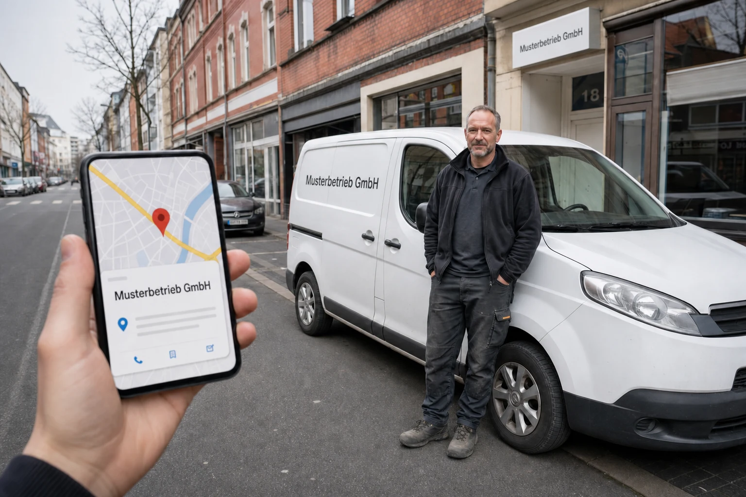 Handwerksbetrieb ist auf Smartphone, Fahrzeug und Standort klar erkennbar