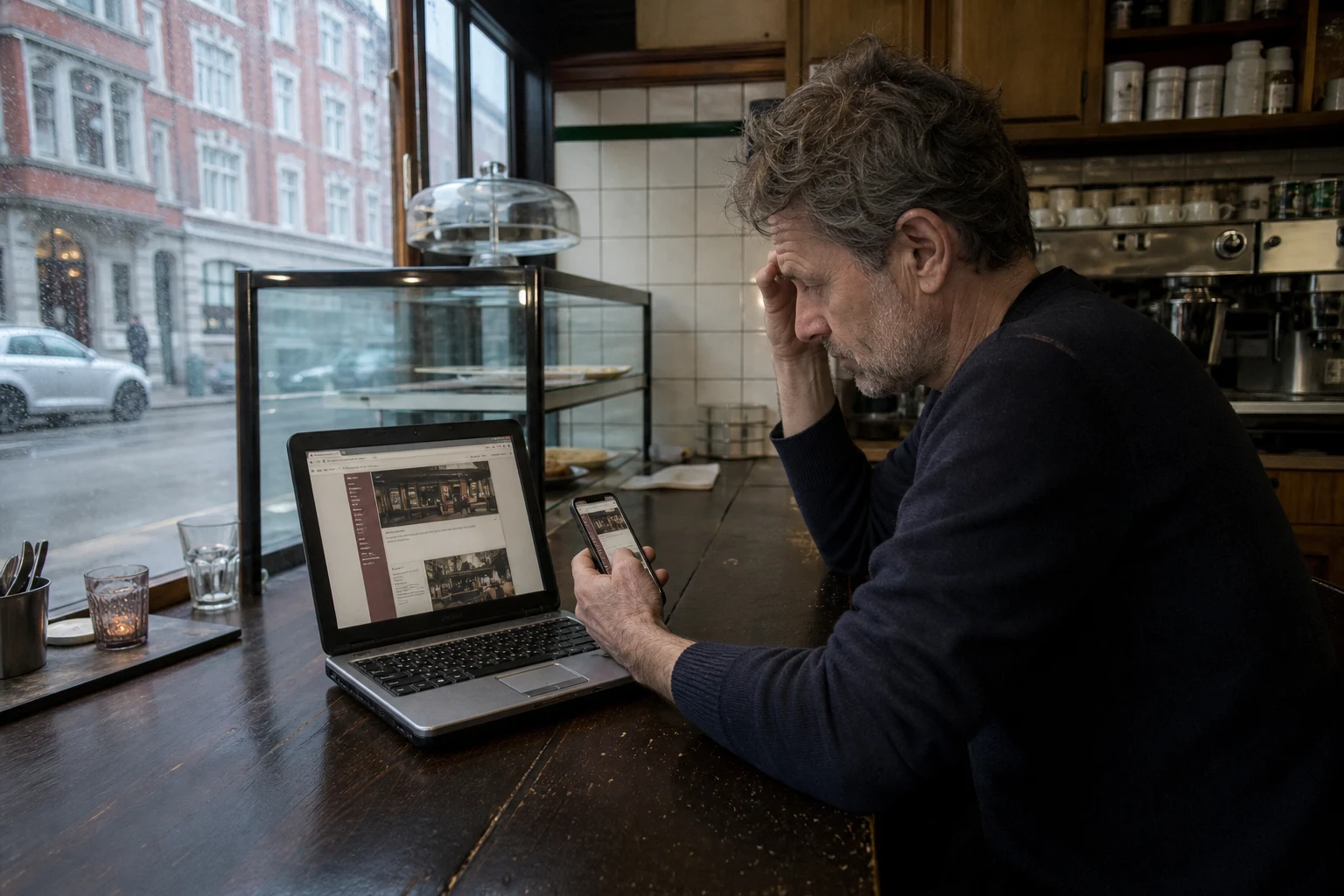 Café-Inhaberin prüft eine veraltete, schwer nutzbare Website