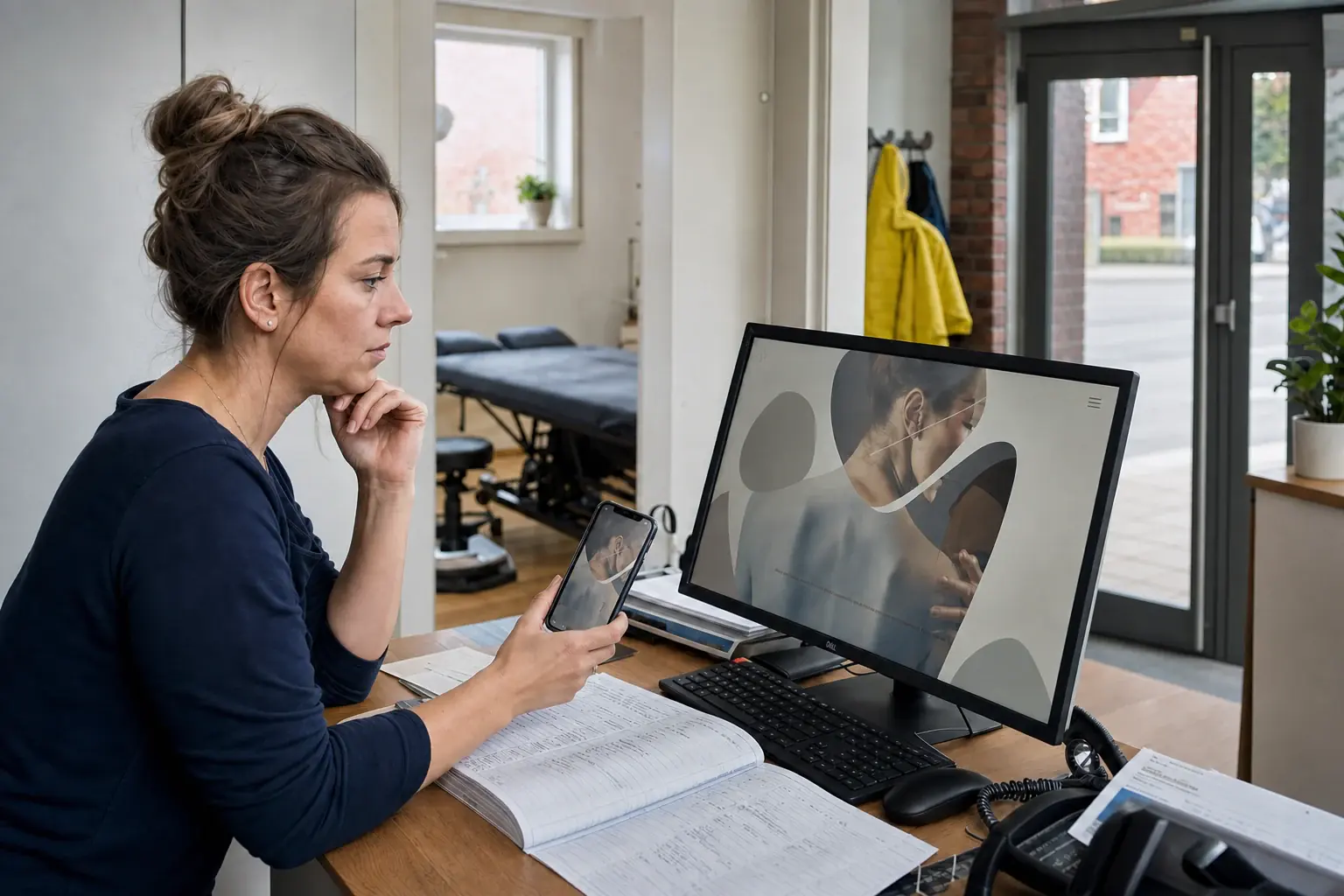 Praxisinhaberin prüft ein ansprechendes, aber unübersichtliches Webdesign