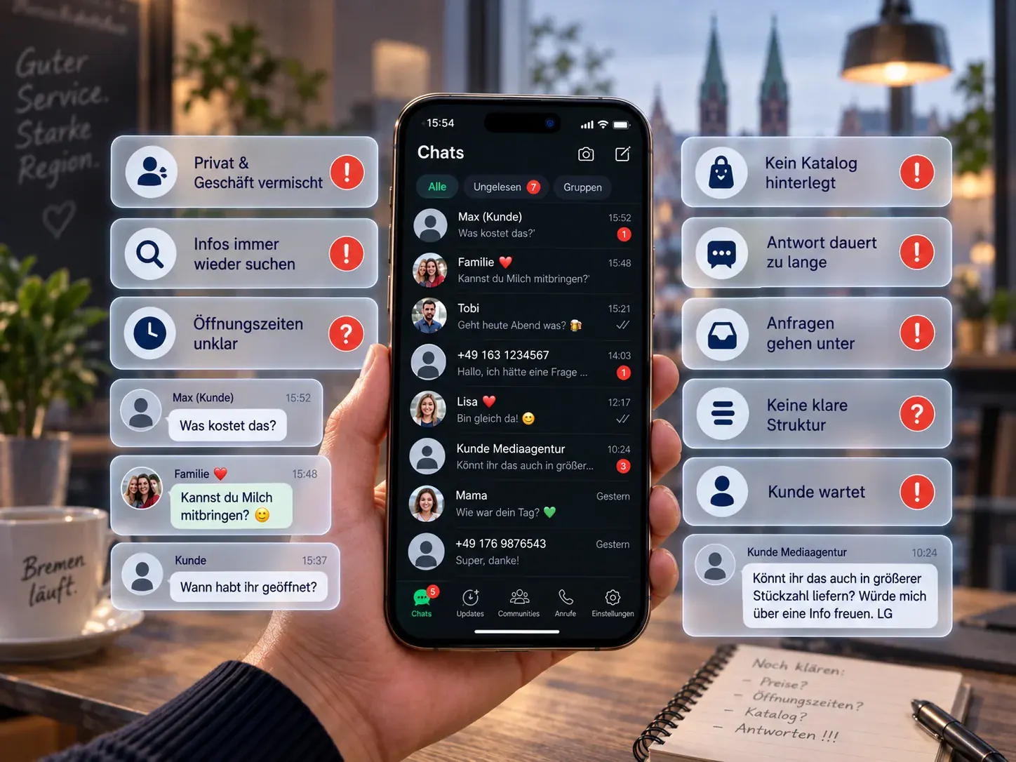 Private und geschäftliche WhatsApp-Chats vermischt in einem unübersichtlichen Postfach vor der Bremer Skyline